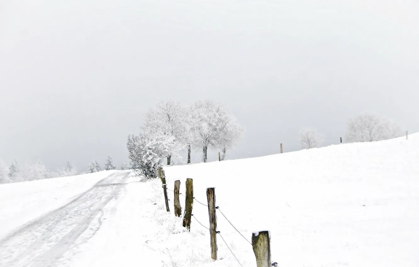 Photo wallpaper winter, road, snow, landscape, the fence