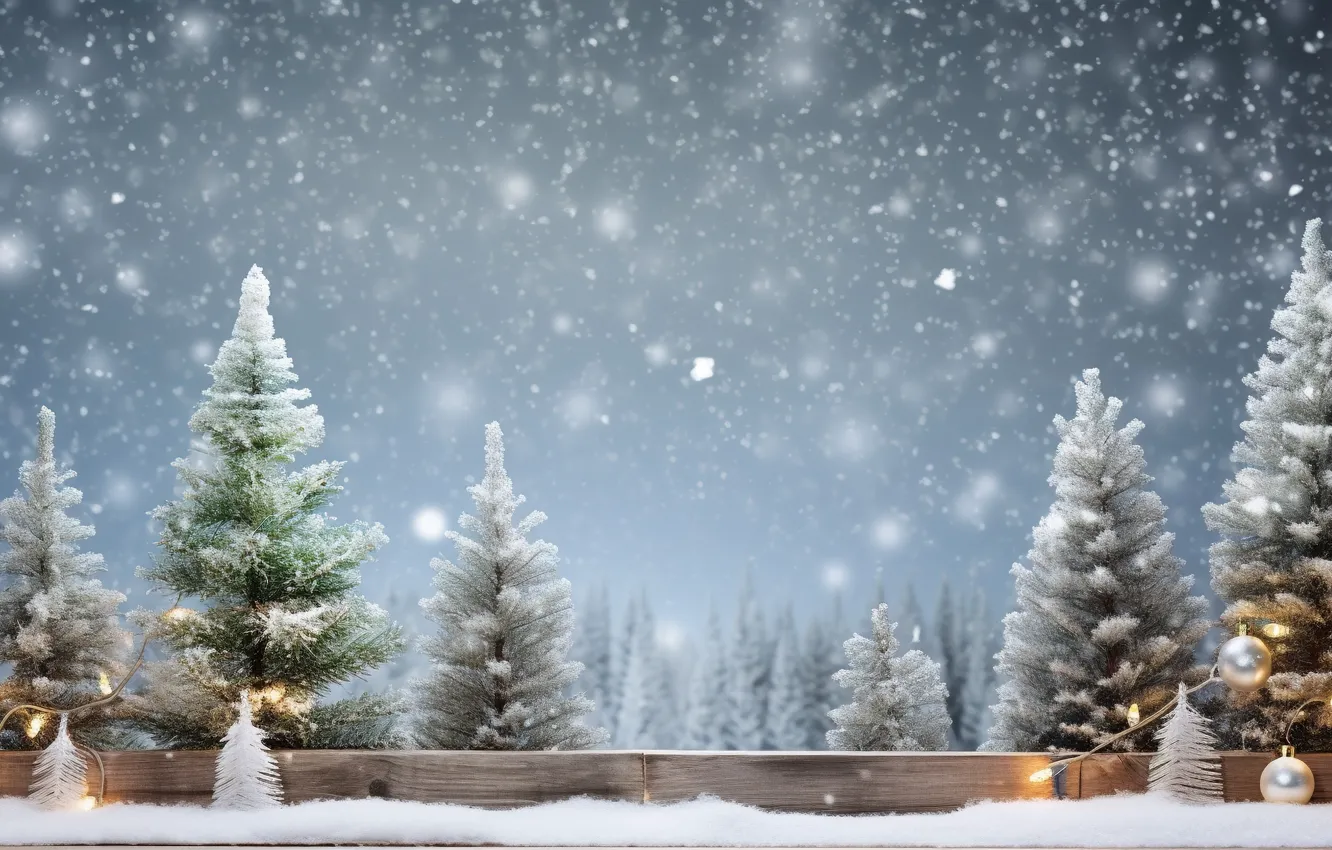 Photo wallpaper winter, snow, gift, balls, tree, new year, Christmas, golden