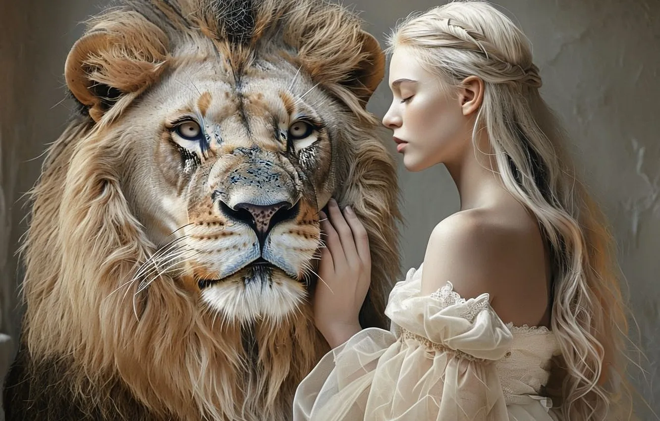 Photo wallpaper girl, each, tenderness, Leo, white hair, digital art, closed eyes, digital art