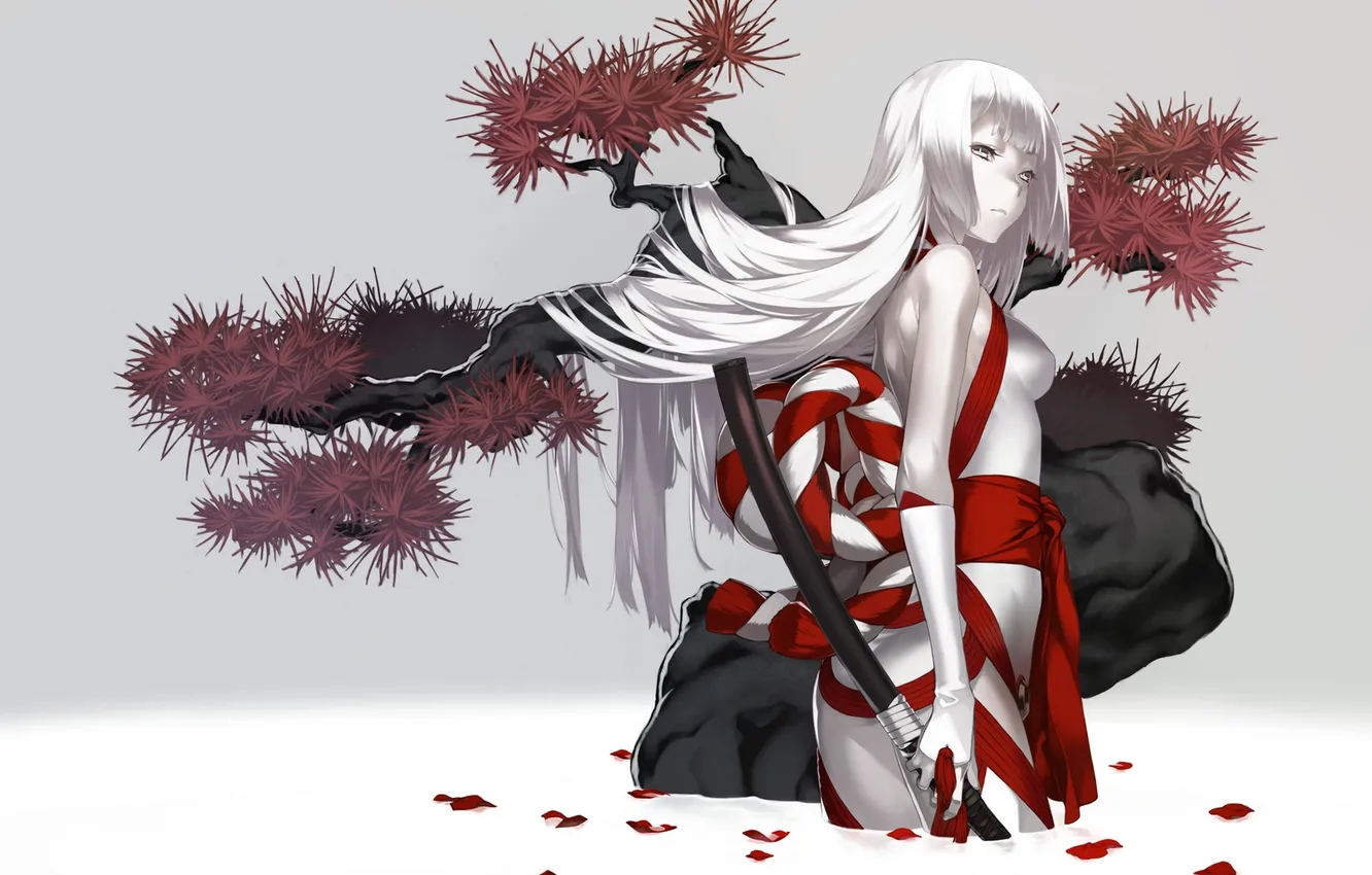 Photo wallpaper look, water, girl, trees, weapons, sword, petals, art