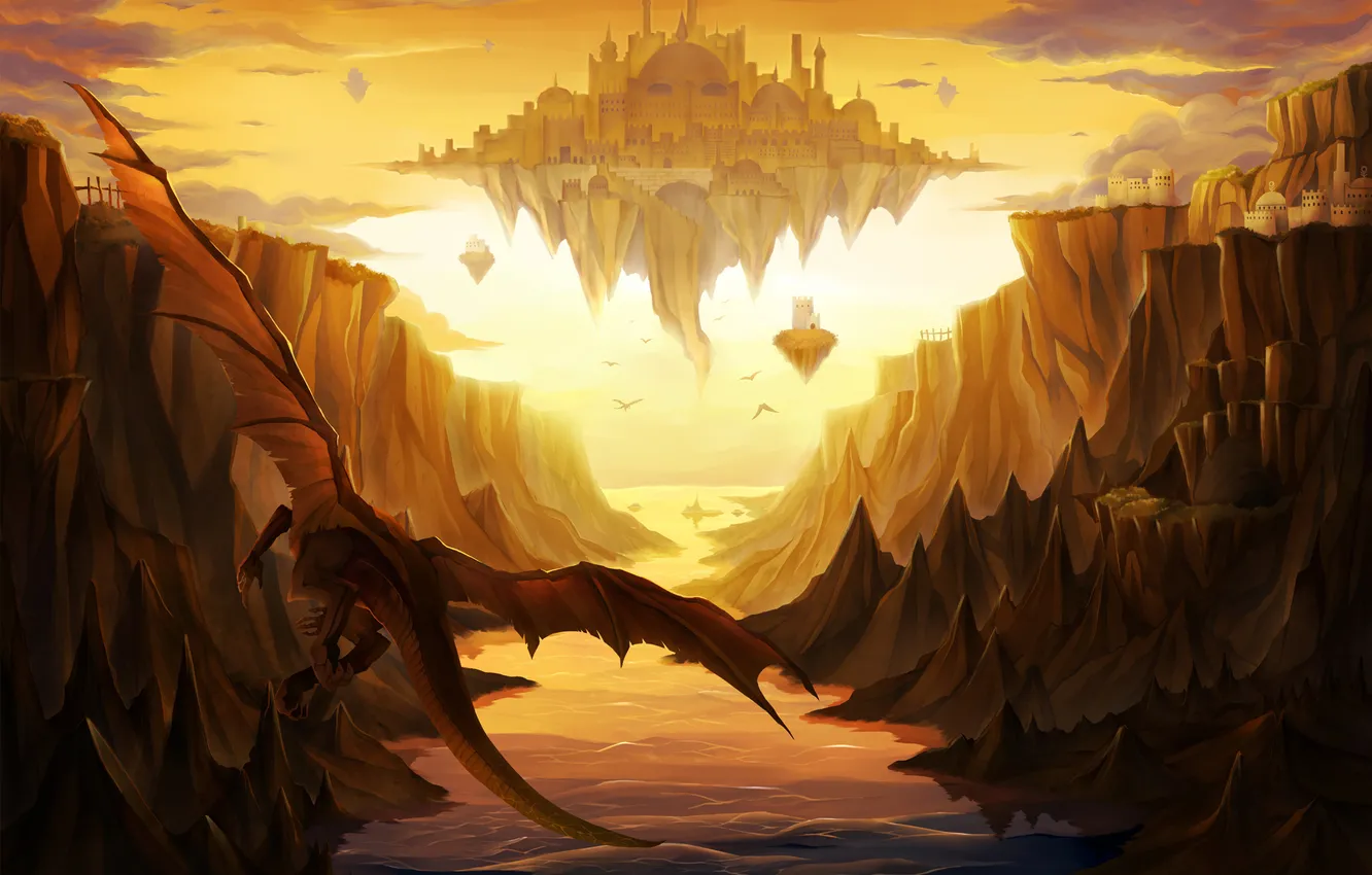 Photo wallpaper sunset, the city, river, rocks, dragon, art, canyon, gorge