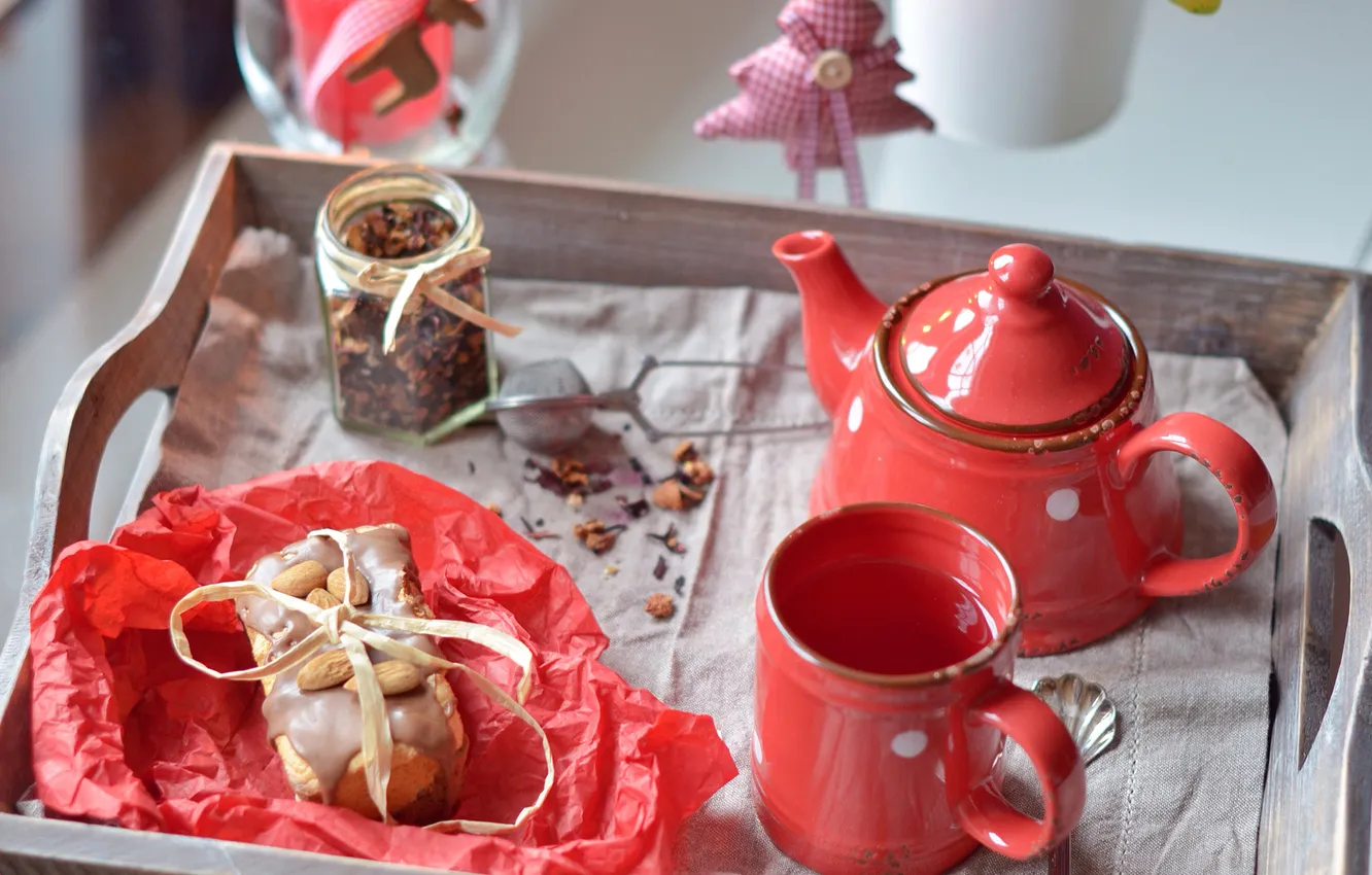 Photo wallpaper red, tea, food, kettle, Cup, dishes, dessert, cakes