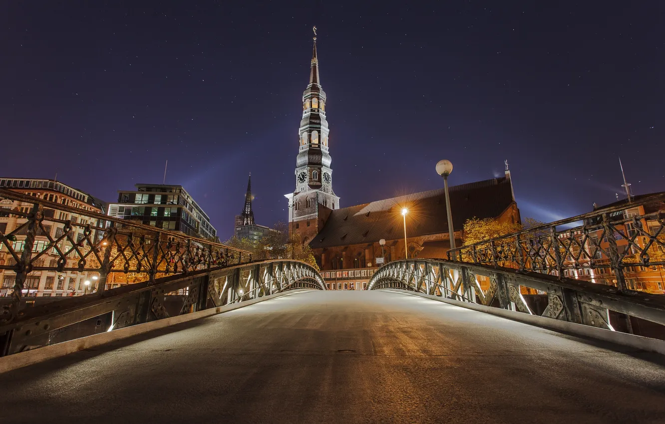 Photo wallpaper night, bridge, lights, home, Germany, Church, Hamburg