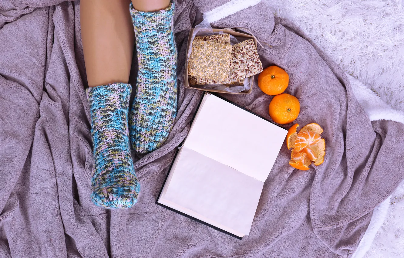 Photo wallpaper feet, relax, book, fruit, woman