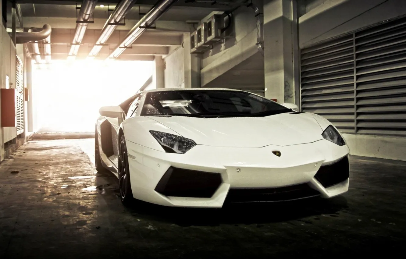 Photo wallpaper Lamborghini, supercar, white, box, Aventador, garage.