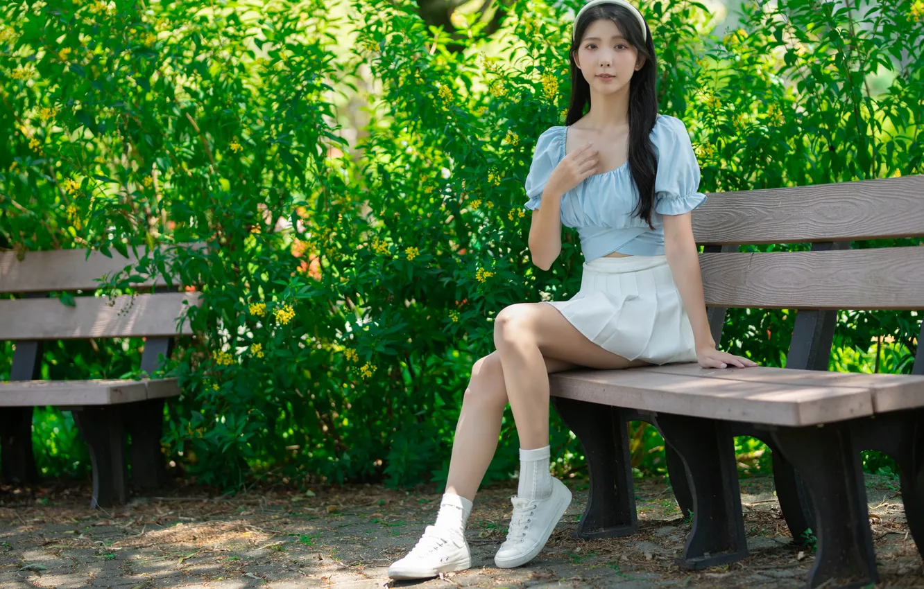 Photo wallpaper girl, bench, legs, Asian