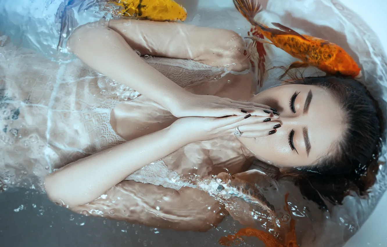 Photo wallpaper girl, fish, bath