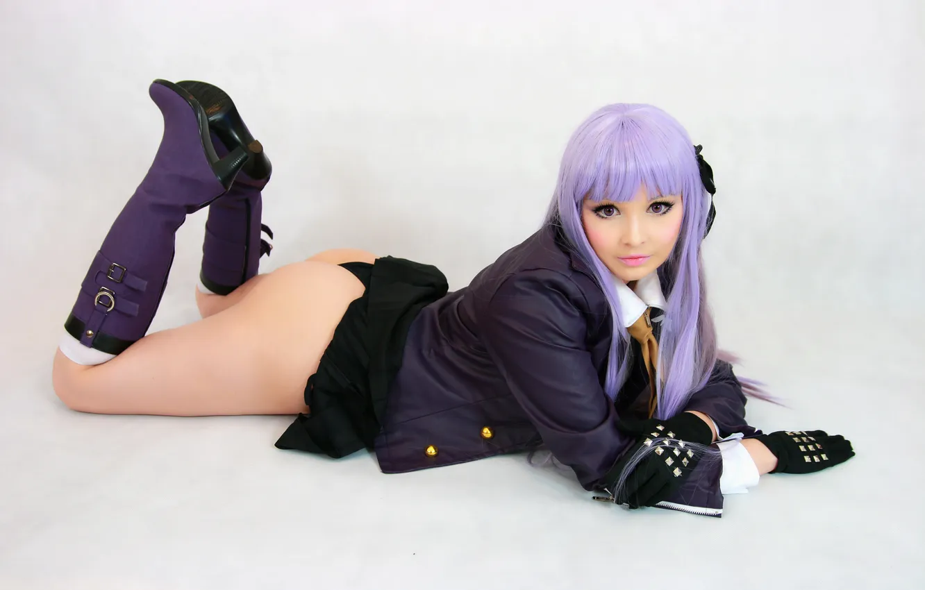 Photo wallpaper school uniform, model, women, cosplay, black panties, purple hair, on the floor, mail kyouko