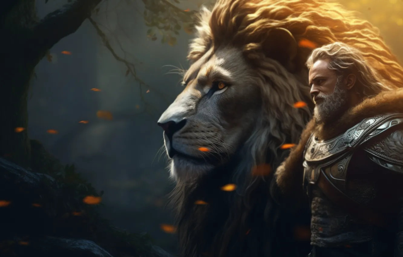Photo wallpaper autumn, look, face, trees, the wind, Leo, armor, fantasy
