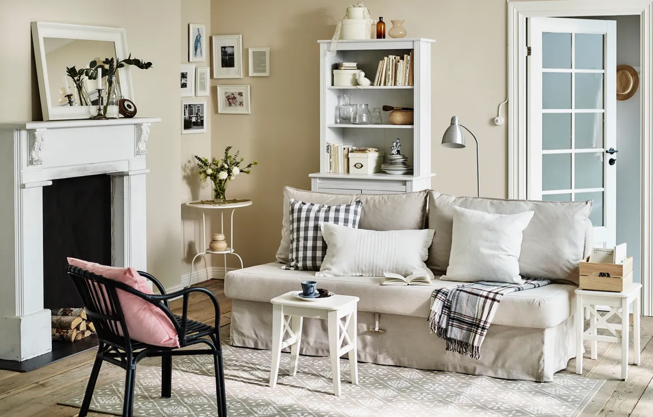 Photo wallpaper interior, fireplace, living room