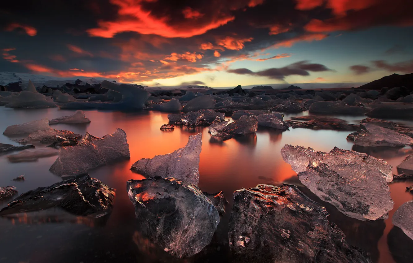Photo wallpaper clouds, light, sunset, ice, the evening, Iceland, the fjord