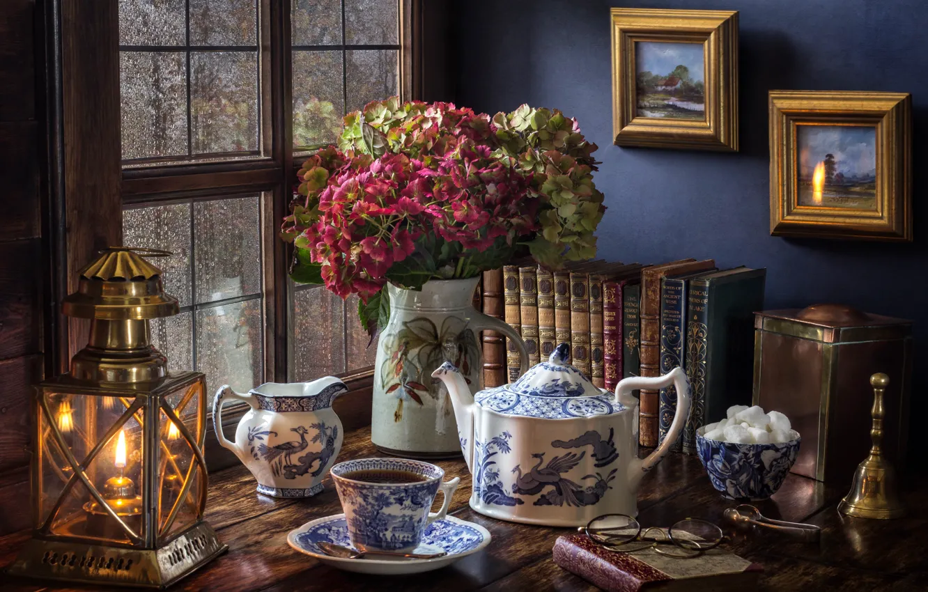 Photo wallpaper flowers, style, rain, tea, books, lamp, bouquet, kettle
