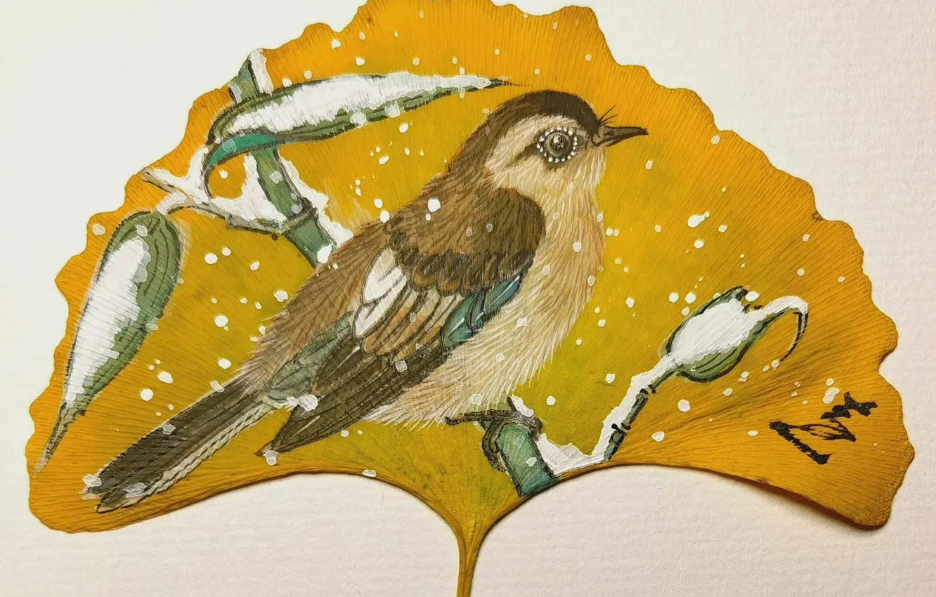 Photo wallpaper autumn, leaves, snow, bird, figure, bamboo