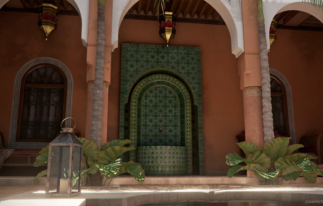 Photo wallpaper plant, crane, lights, architecture, Moroccan Courtyard