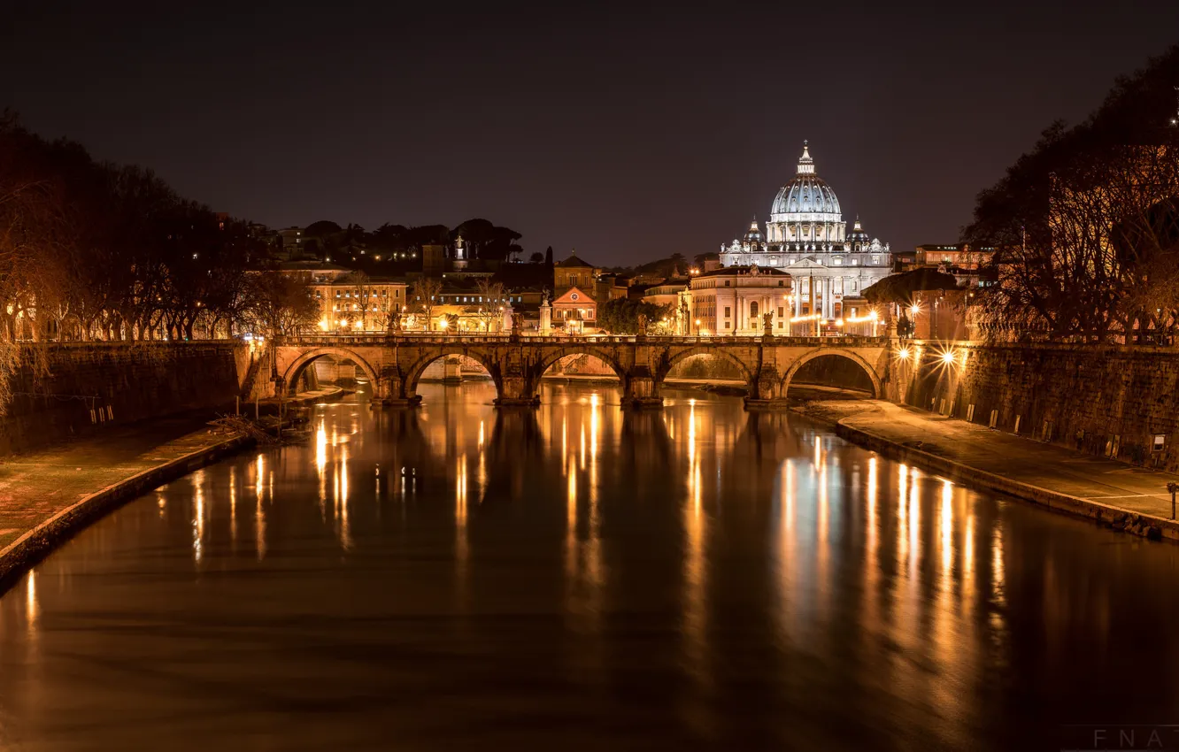 Photo wallpaper night, bridge, lights, river, Rome, Italy, The Tiber, St. Peter's Cathedral