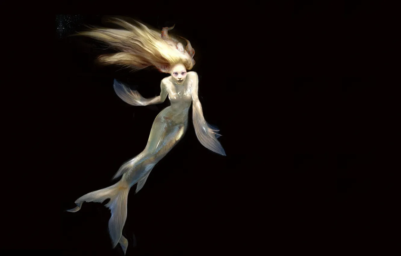 Photo wallpaper depth, being, scales, Mermaid, tail, black background, fins