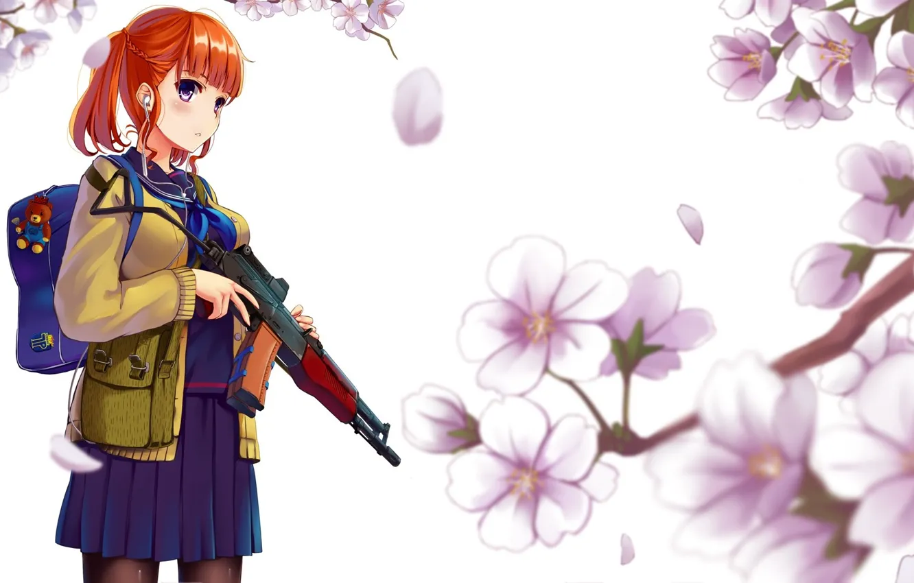 Photo wallpaper Sakura, red, schoolgirl, bag, flowering, satchel, Kalashnikov, lipesti