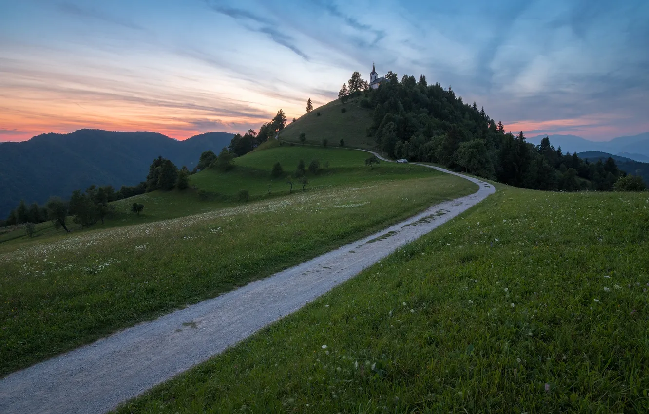 Photo wallpaper road, landscape, sunset, hills, Church, Slovenia, Sergey Serushkin