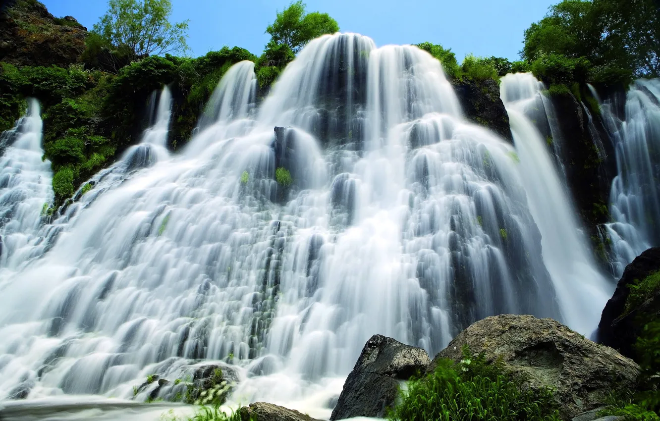 Photo wallpaper river, stones, waterfall, stream, Armenia, the bushes, Armenia, Shaki