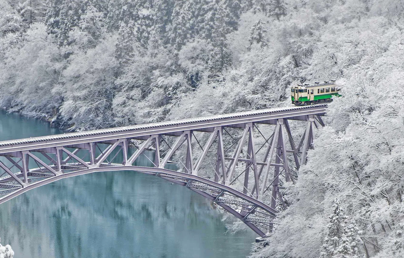 Photo wallpaper winter, snow, trees, bridge, train, Japan, Shazam