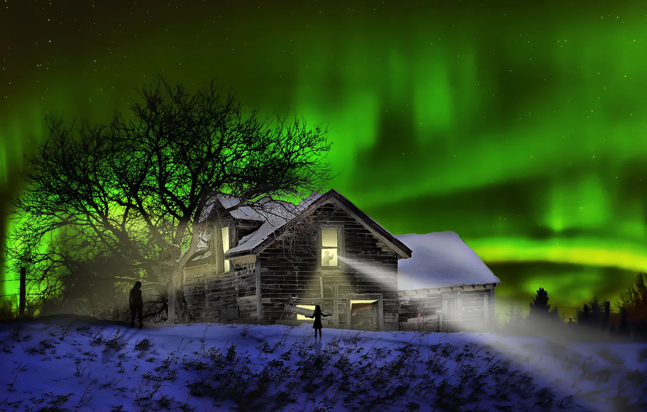 Photo wallpaper night, house, Northern lights, silhouettes, The Visitors