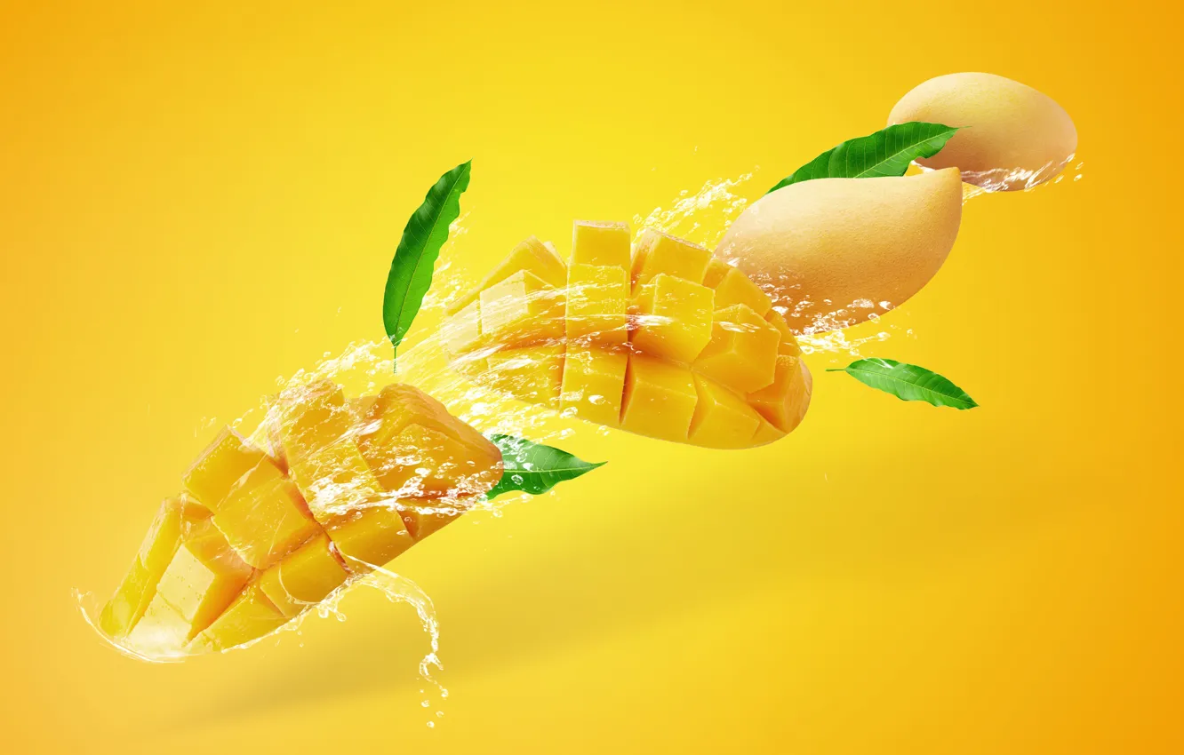 Photo wallpaper water, squirt, yellow, background, splash, fruit, mango, leaves