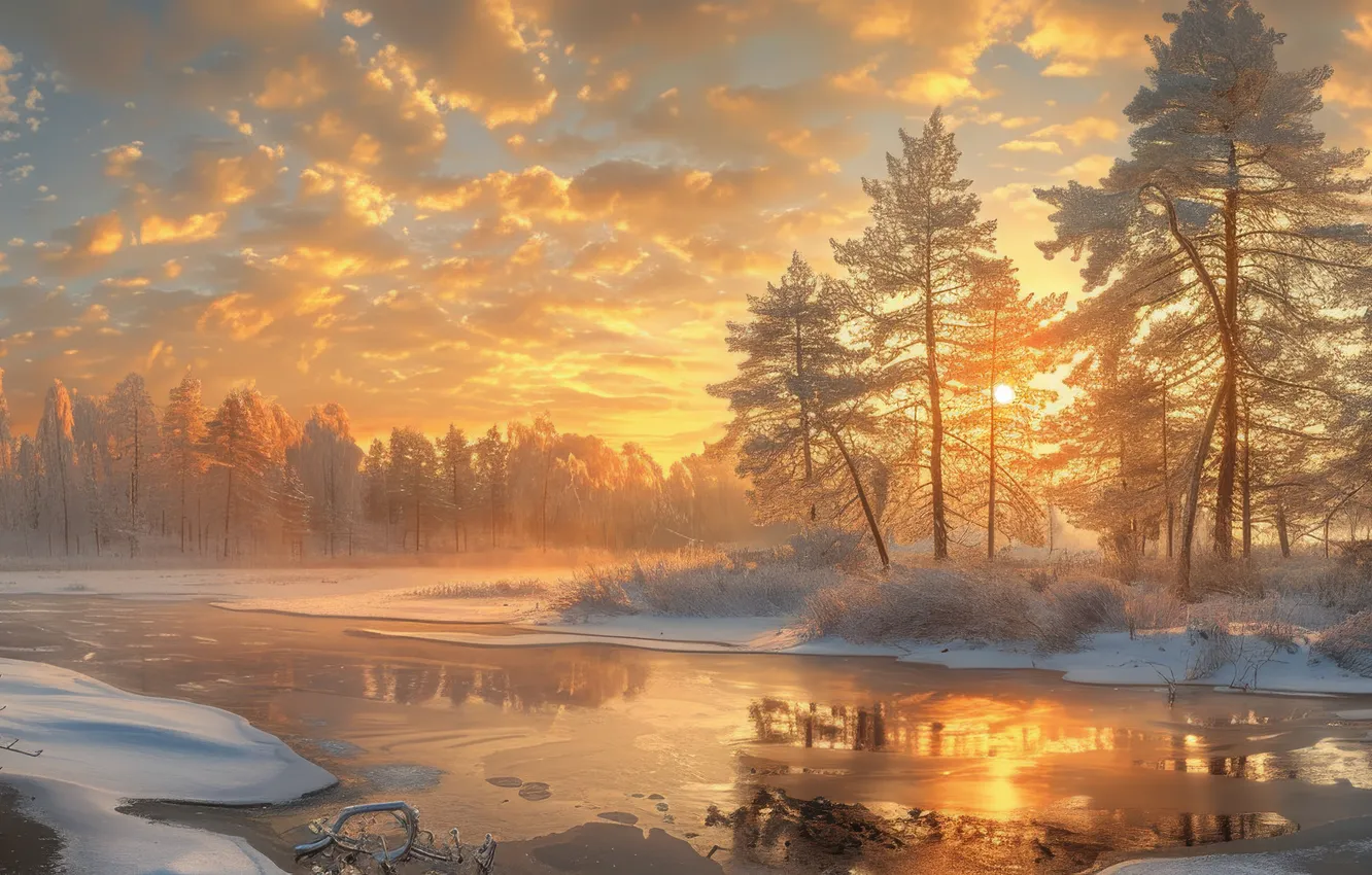 Photo wallpaper winter, frost, forest, the sky, the sun, clouds, rays, light