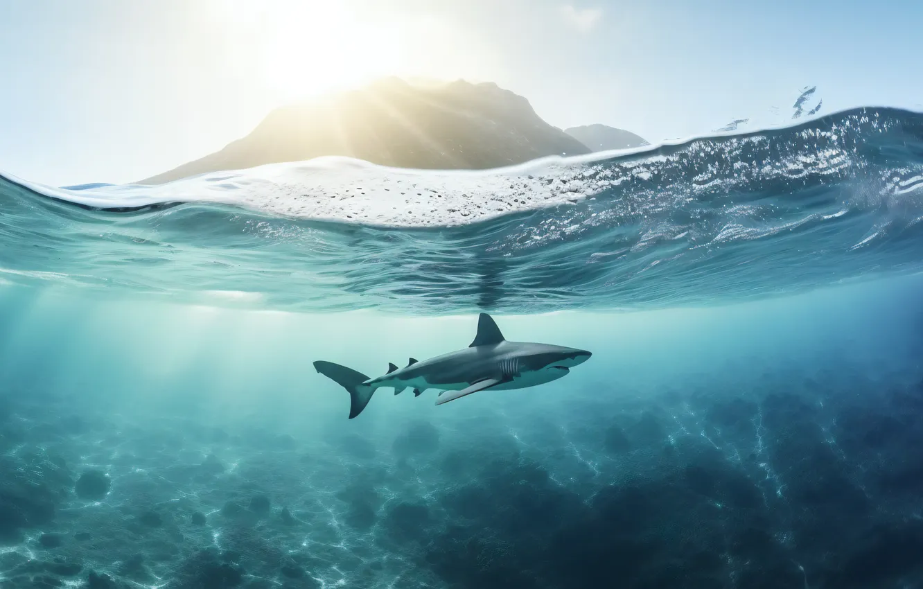 Photo wallpaper water, predator, shark, underwater world, digital art, AI art, The Art of Artificial Intelligence, neural …