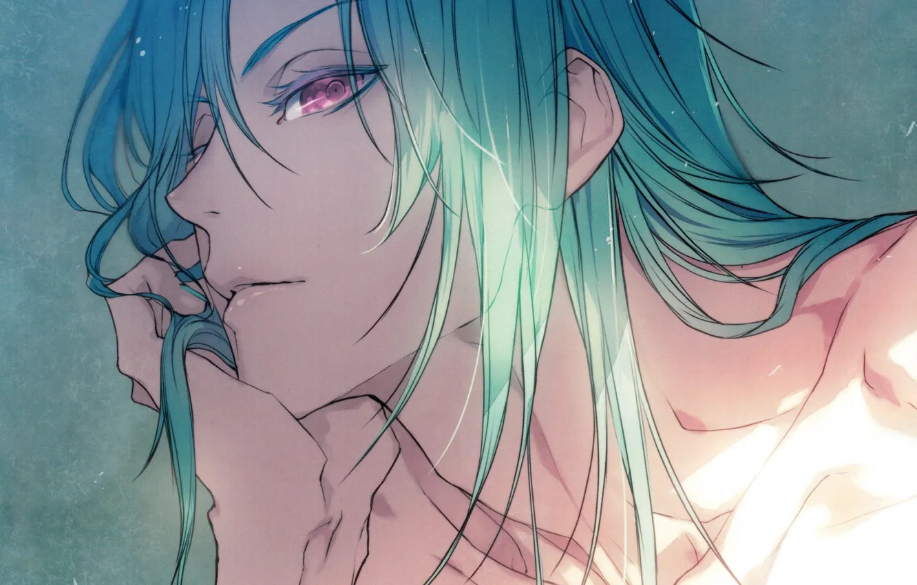 Photo wallpaper face, guy, blue hair, art, in profile, wand of fortune, visual novel, kagerou usuba
