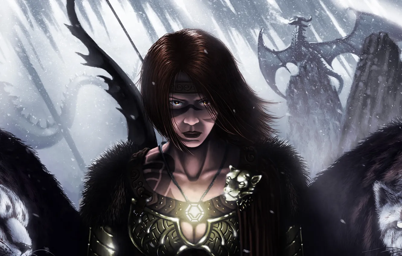 Photo wallpaper girl, rocks, dragon, bow, tattoo, art, tattoo, beast