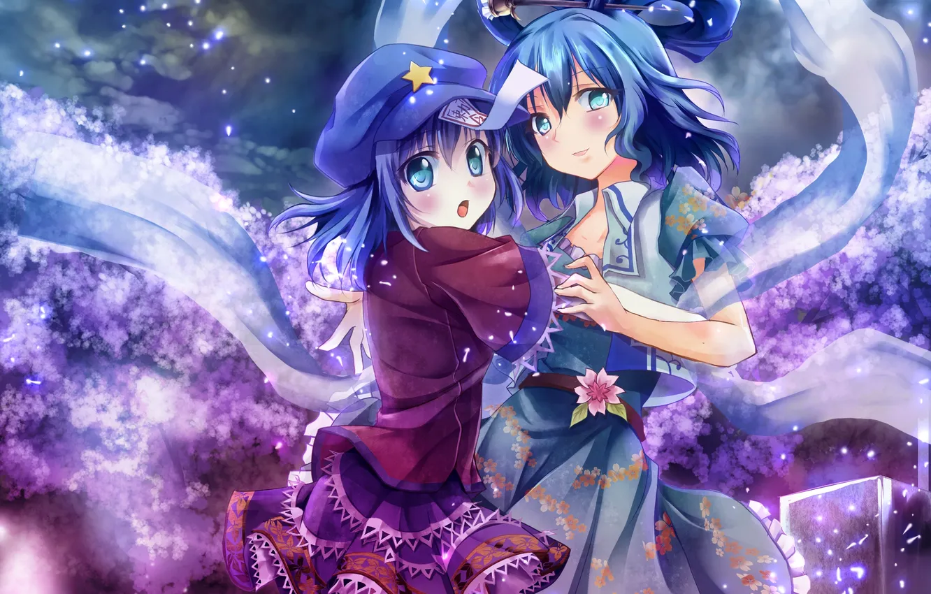 Photo wallpaper girl, trees, flowers, night, magic, Sakura, art, touhou