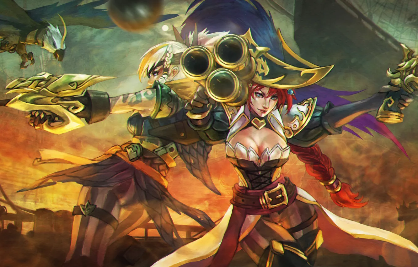 Photo wallpaper girl, hat, art, pirate, the barrel, gun, muskets, League of Legends