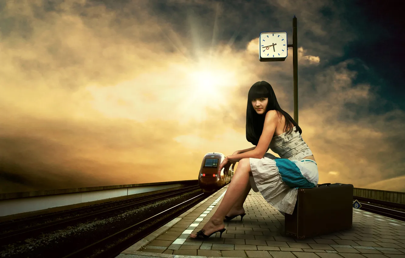 Photo wallpaper the sky, look, girl, watch, train, brunette, the platform, suitcase