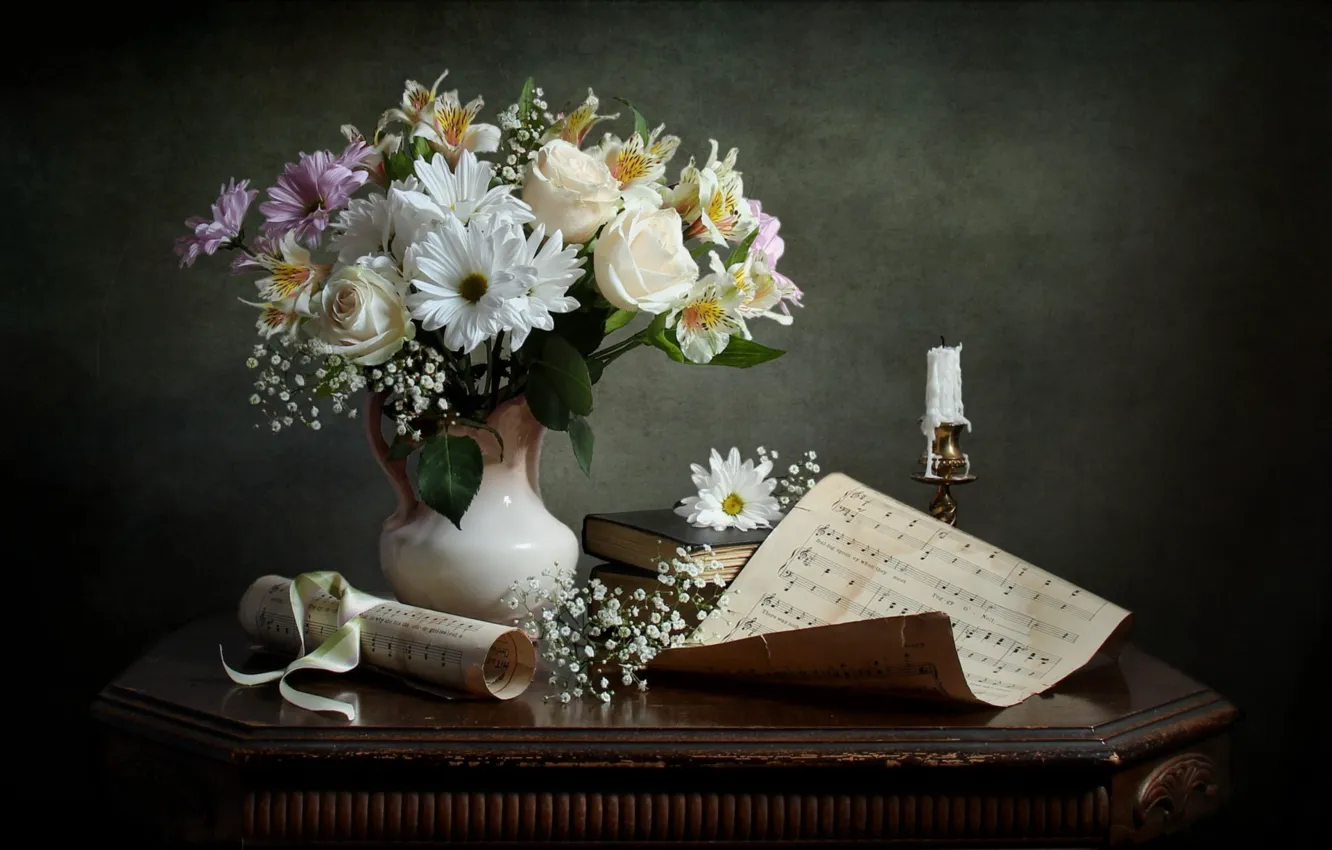 Photo wallpaper notes, roses, candle, bouquet, chrysanthemum, Alstroemeria