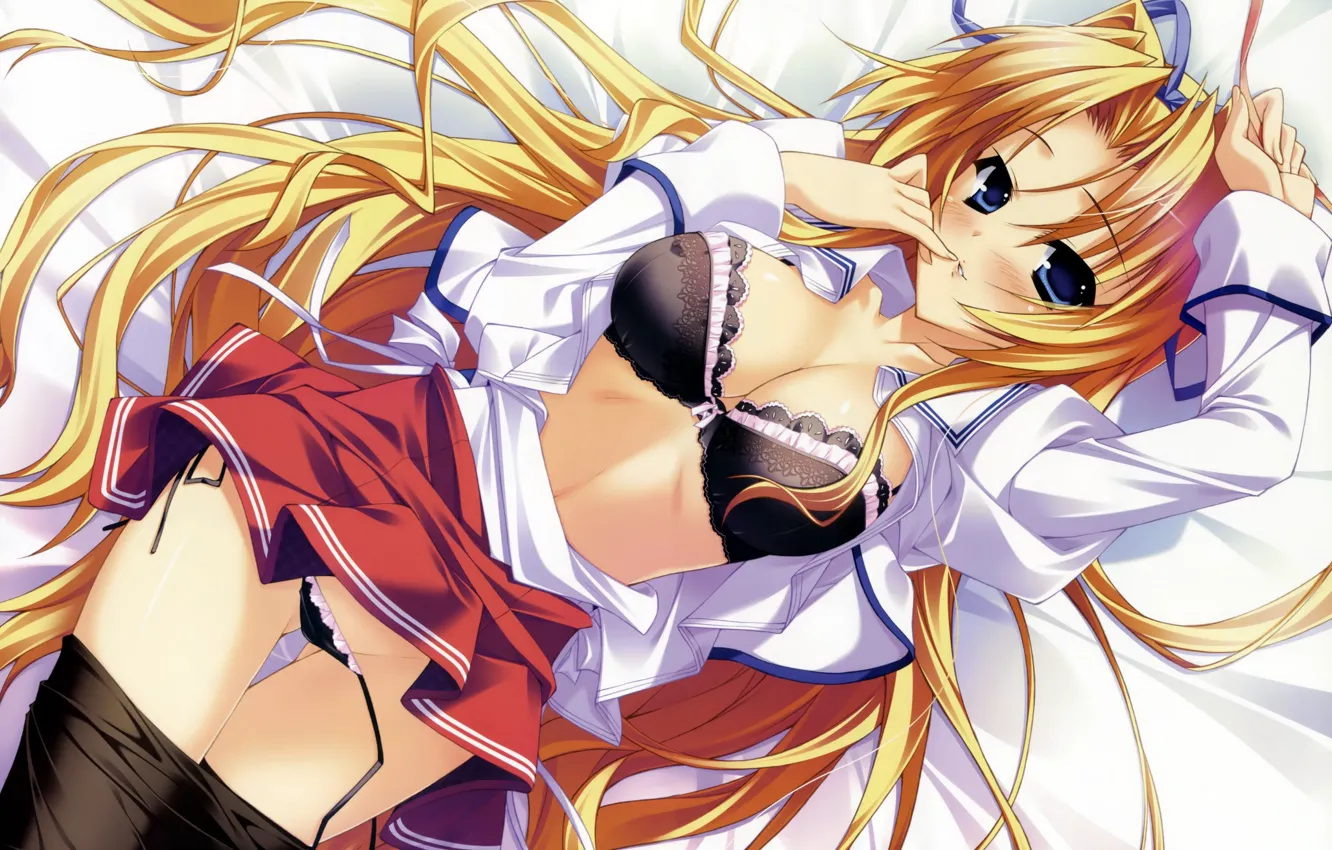 Photo wallpaper schoolgirl, underwear, long hair, flirting, black tights, visual novel, lying on her back, Marginal Skip