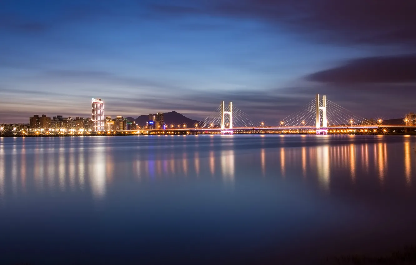 Photo wallpaper night, bridge, city, lights, lights, reflection, river, China