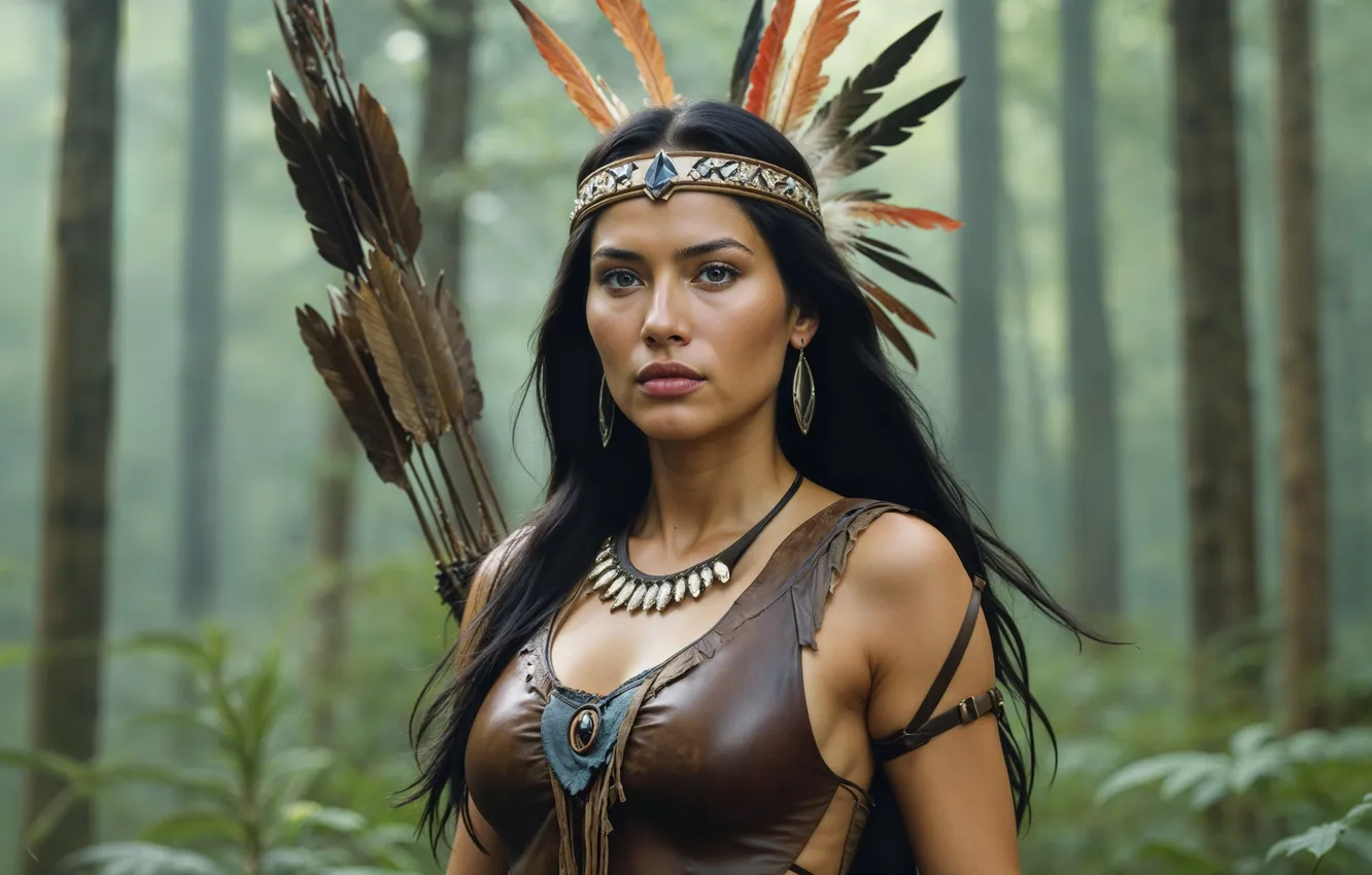 Photo wallpaper girl, trees, feathers, arrows, Indian, Indian, digital art, AI art