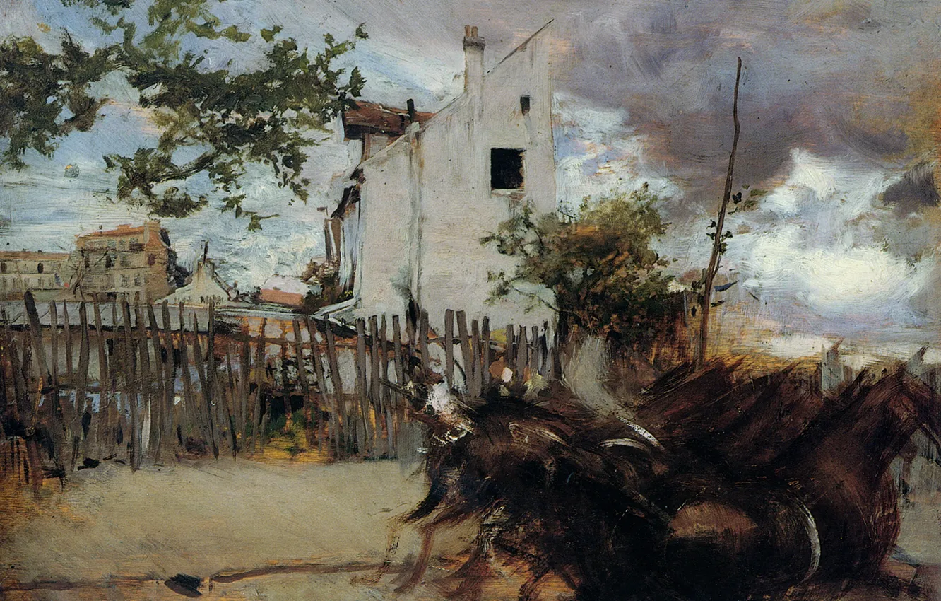 Photo wallpaper house, the fence, picture, horse, Giovanni Boldini, The Outskirts Of Paris