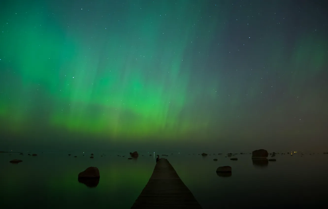 Photo wallpaper stars, night, Northern lights, Estonia, the bridge