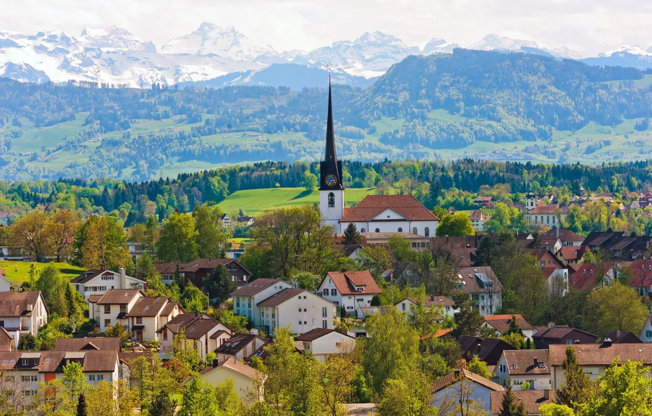 Photo wallpaper trees, mountains, building, home, Switzerland, Church, panorama, Switzerland