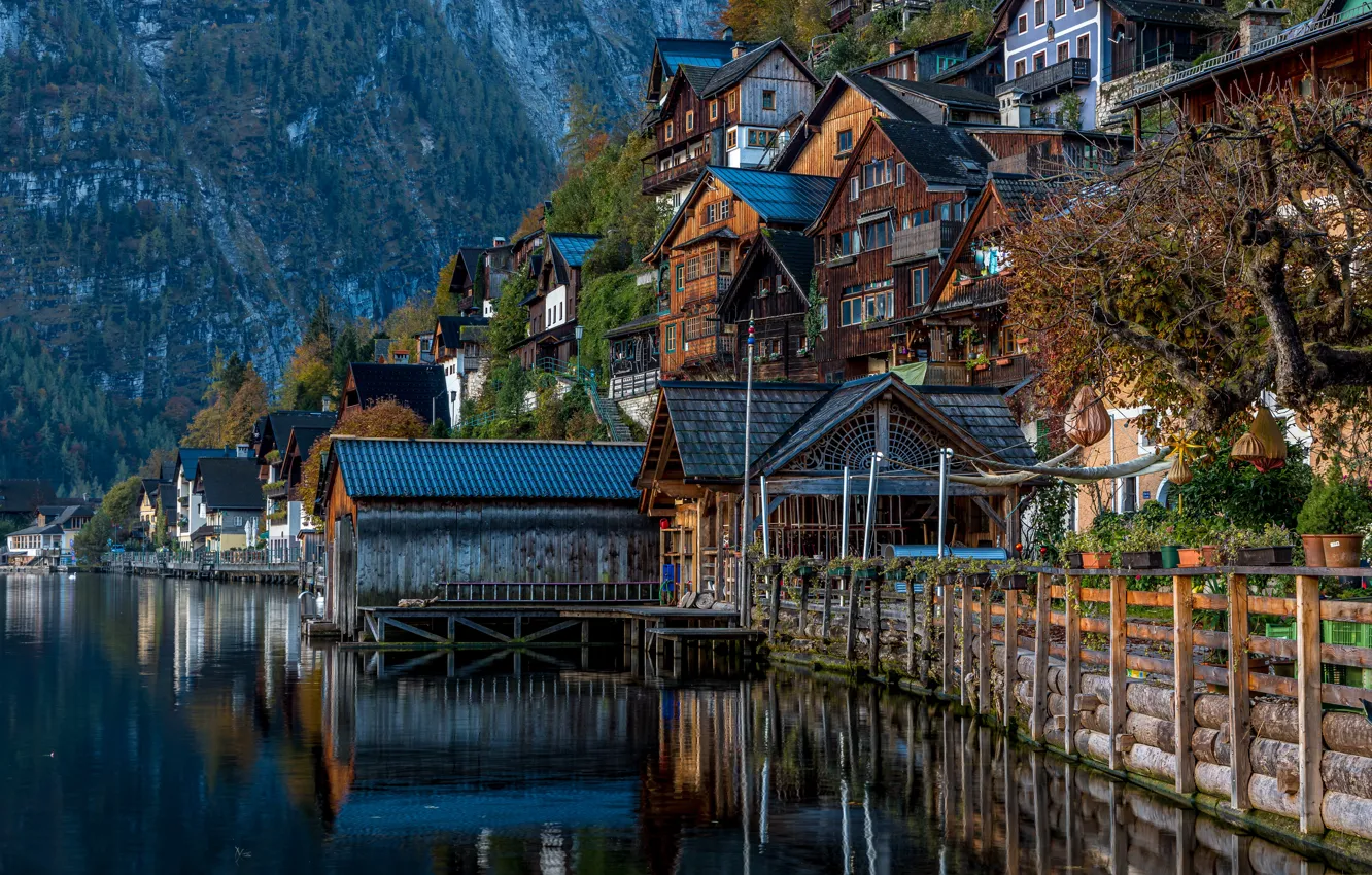 Photo wallpaper lake, building, home, Austria, slope, promenade, Austria, Hallstatt