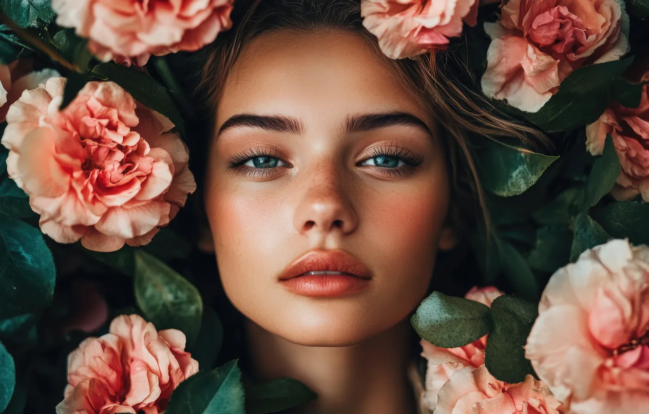 Photo wallpaper summer, look, leaves, girl, flowers, face, eyelashes, portrait
