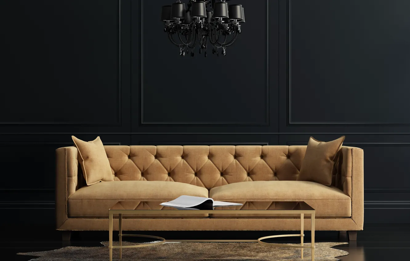 Photo wallpaper design, sofa, interior, chandelier, table, living room, modern
