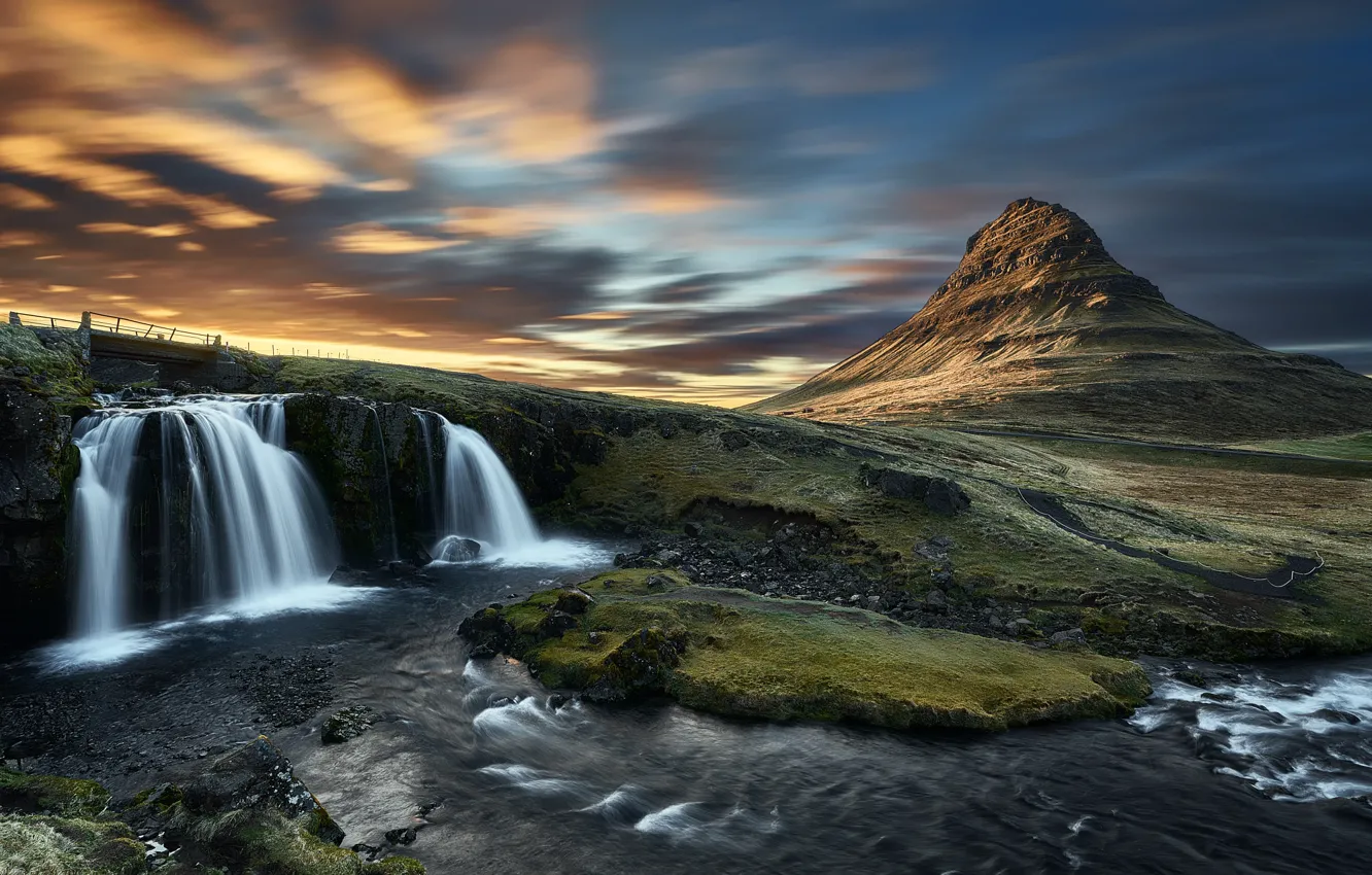 Photo wallpaper the sky, clouds, mountains, shore, waterfall, Iceland, pond