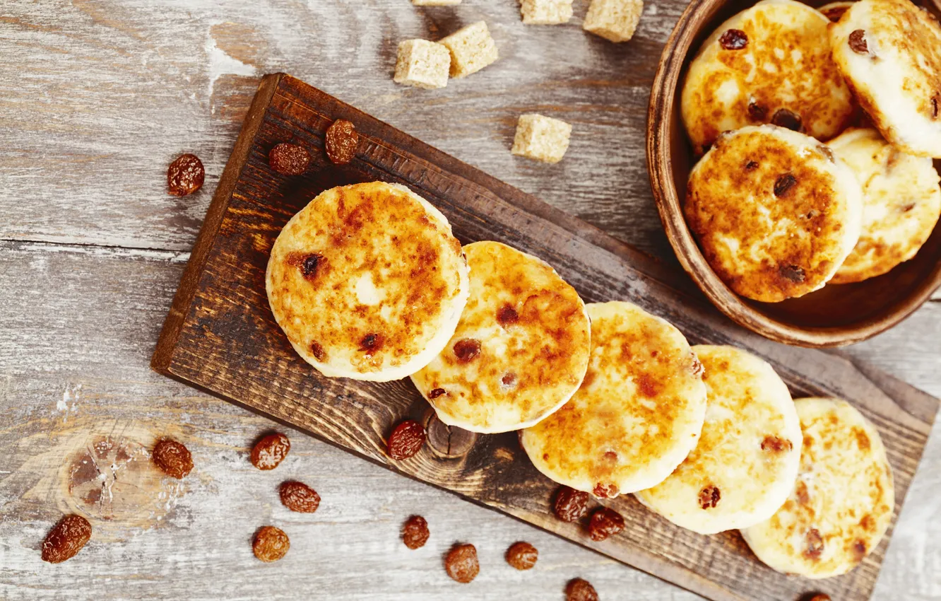 Photo wallpaper Breakfast, cheese, raisins, cheesecakes