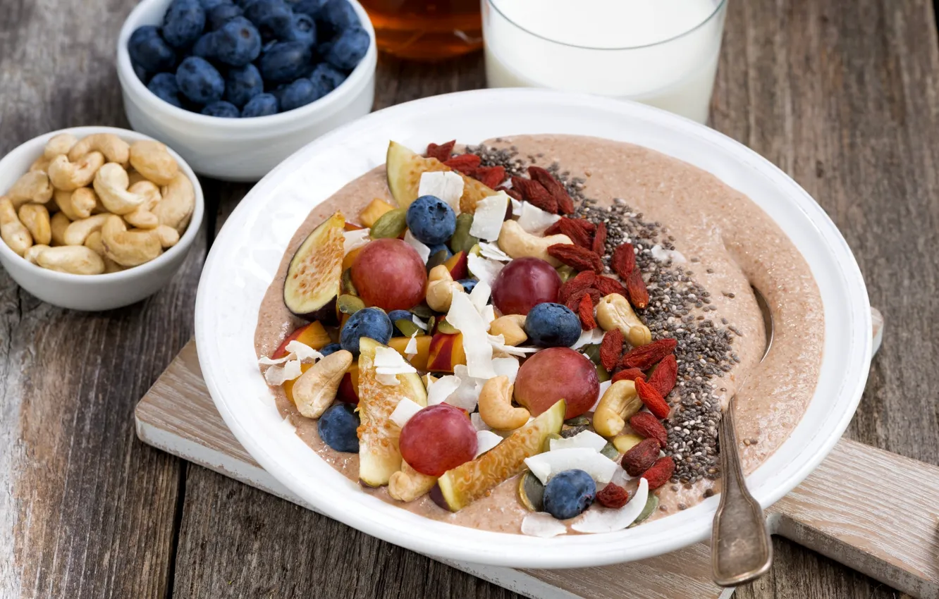 Photo wallpaper berries, Breakfast, milk, grapes, fruit, blueberries, porridge, figs