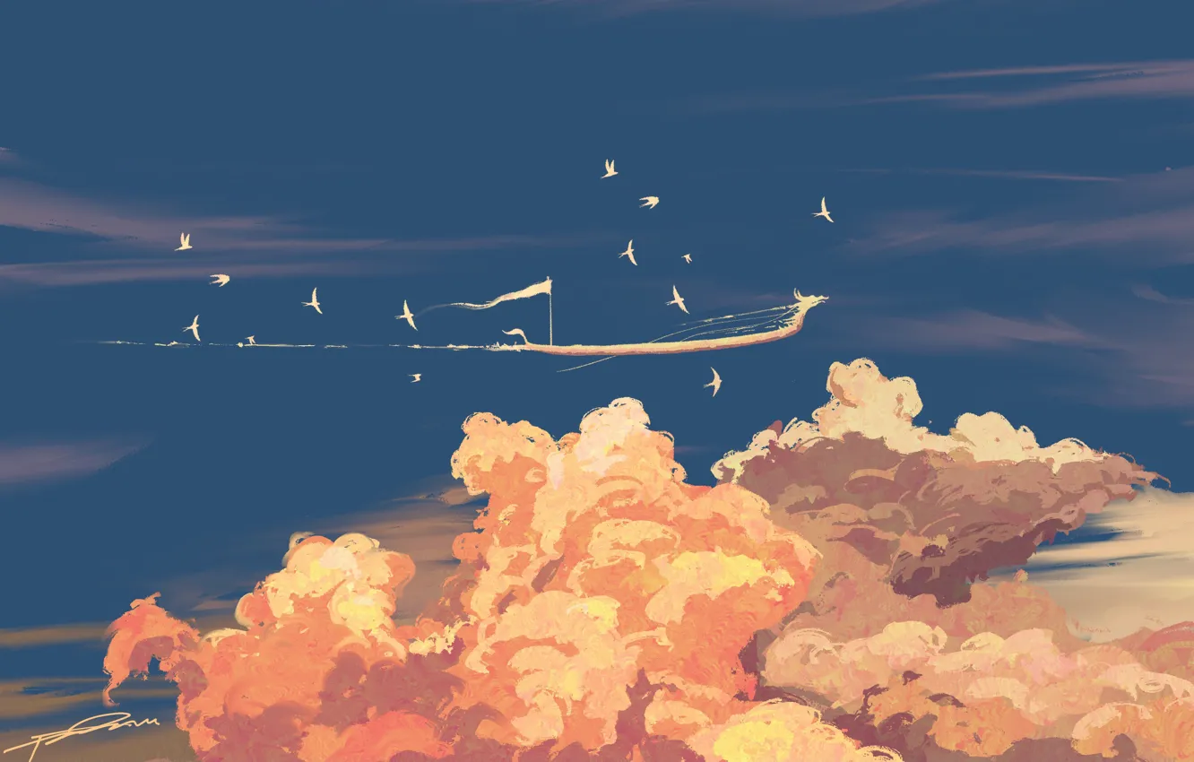 Photo wallpaper the sky, clouds, bird, ship, fantasy