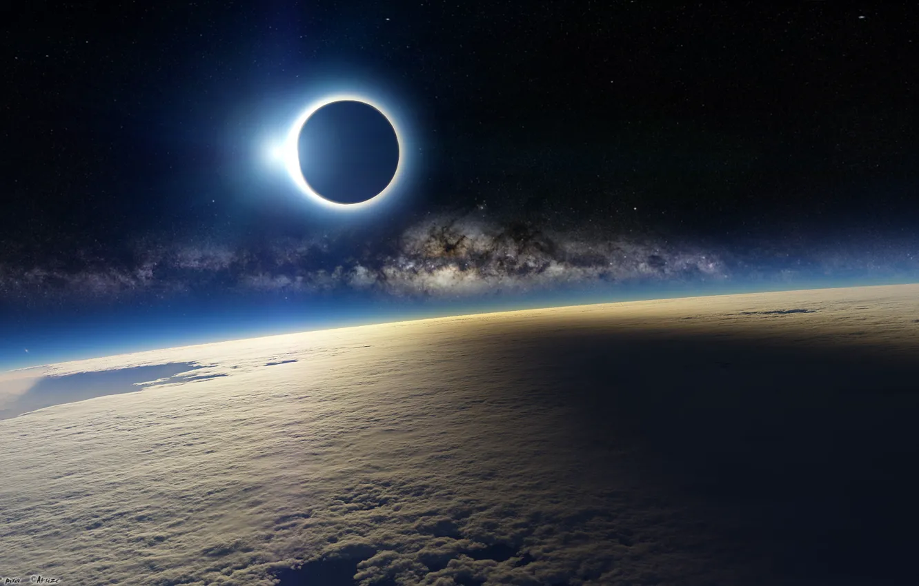 Photo wallpaper space, planet, satellite, the atmosphere, Eclipse