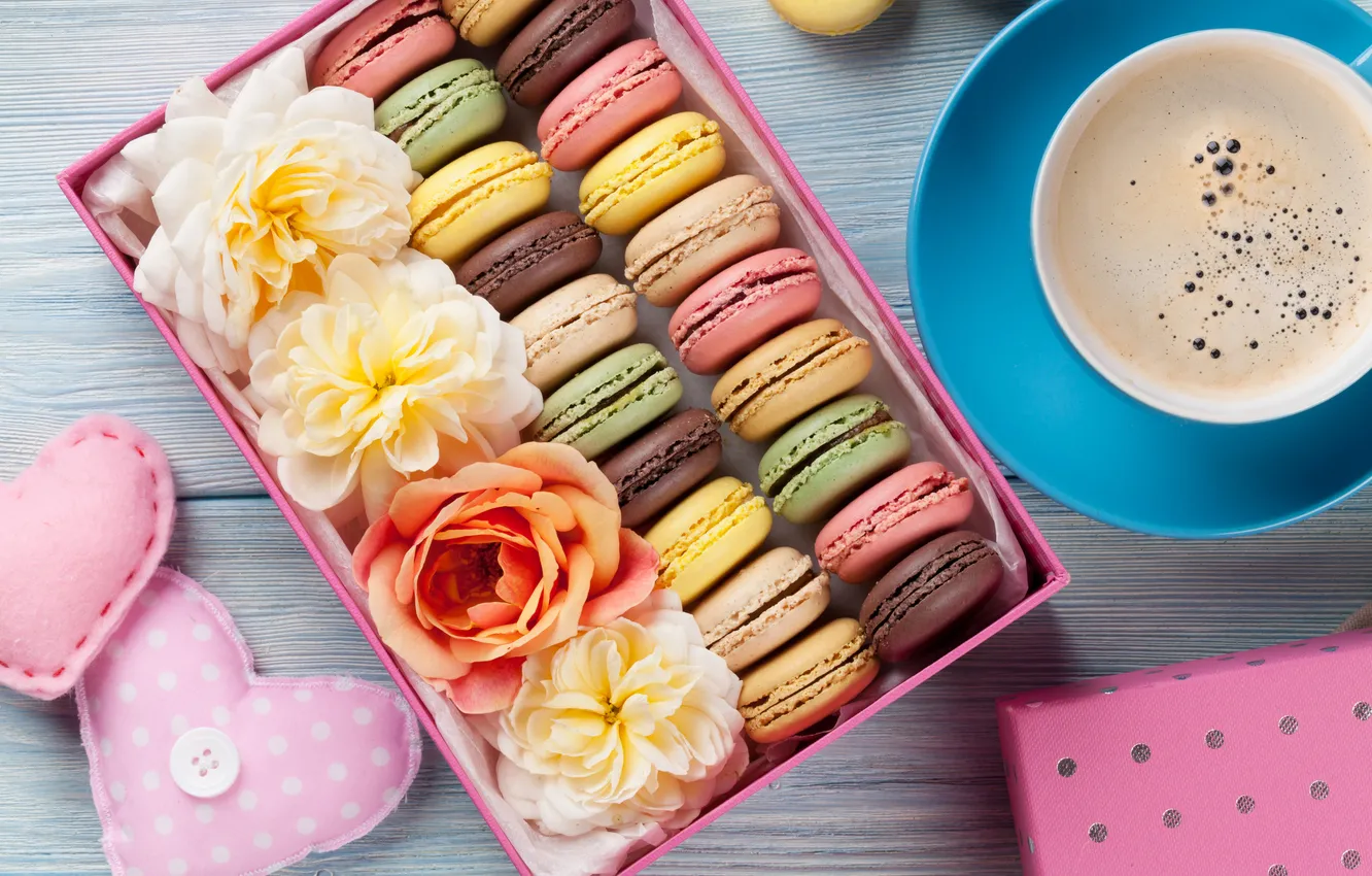 Photo wallpaper flowers, gift, colorful, wood, pink, flowers, coffee cup, macarons