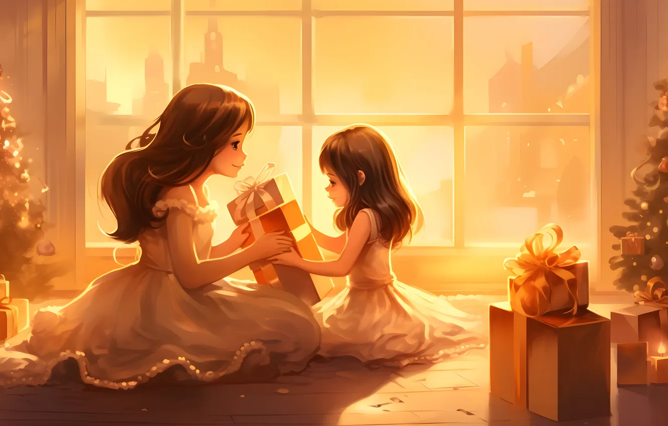 Photo wallpaper children, smile, gift, tree, new year, Christmas, girl, two